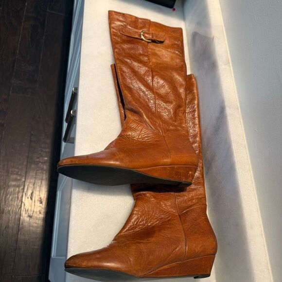 STEVEN by Steve Madden Leather Intyce Low Wedge Riding Boots Tan Size 7M - Picture 5 of 9